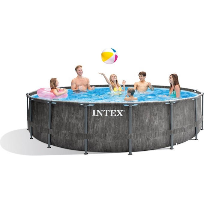 Каркасный бассейн INTEX Prism Frame Greywood 26742NP, 457×122 см — насос, лестница, тент, подстилка
